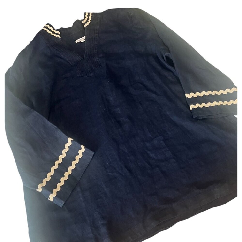 Chico's Blue Long Sleeve Ric Rac Trim V Neck Linen Top Size 18